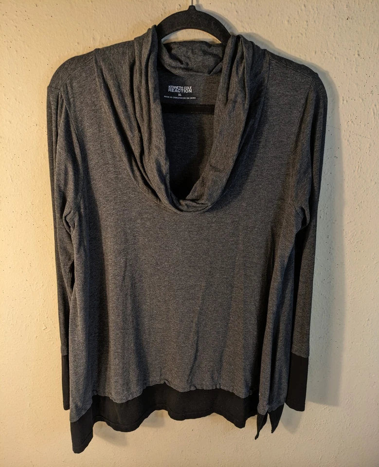 Kenneth Cole REACTION Mujer XL Gris Negro Capucha Cuello L/S Dobladillo Dividido Entrenamiento Top Foto 3 de 4
