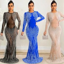 Women Long Sleeve Mesh See-through Rhinestone Beaded Party Mermaid Evening Dress