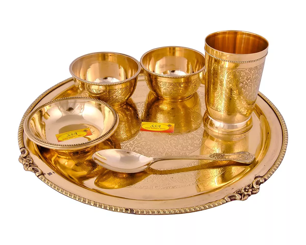 Pure Brass Thali Set | Dinner Set | 6 Pieces (Embossed Flower Eatching  Design.