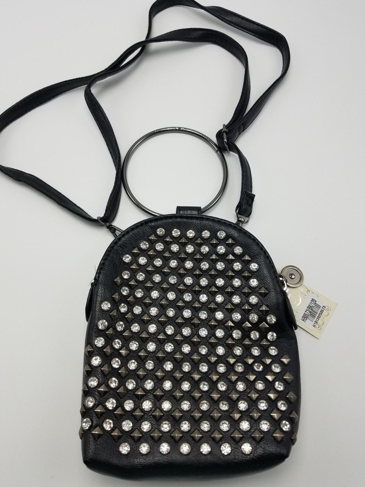 Purse Handbag Cross Body Black Rhinestone Cell Phone Pouch Metal Wrist Ring NEW