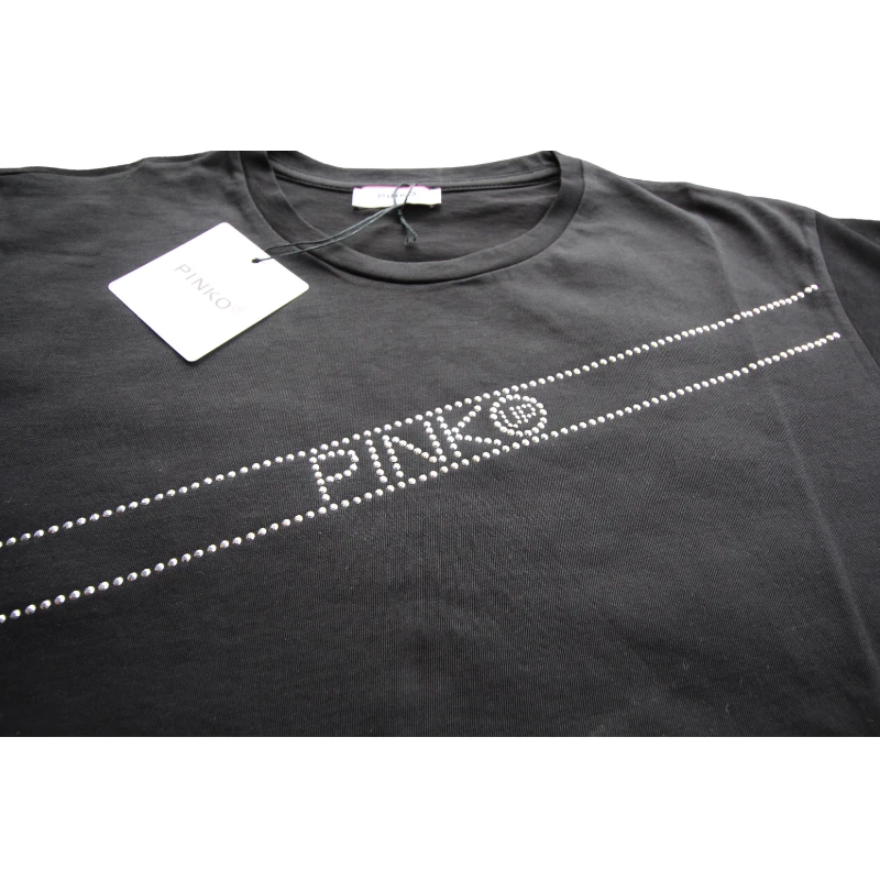 Pinko Up T-Shirt Maglietta, Donna, Scritta con Brillantini, Cotone Regular Fit - Immagine 3 di 4