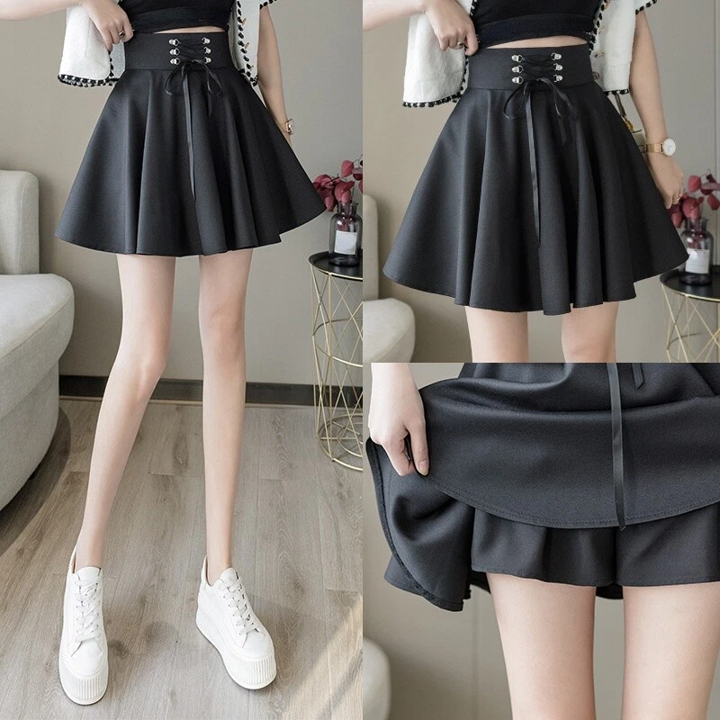 Women Short Skirt High Waist A-Line Pleated Flare Swing Punk Gothic Loose  Black