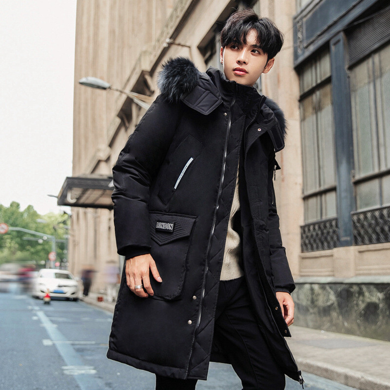 Men Warm 90% White Duck Down Jacket Coats Long Fur Collar