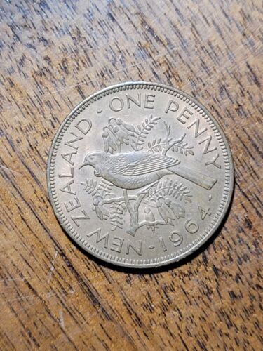 New Zealand 1 Penny, 1964. KM# 24.2, bronze. Tui bird; Queen Elizabeth II. - 第 1/4 張圖片