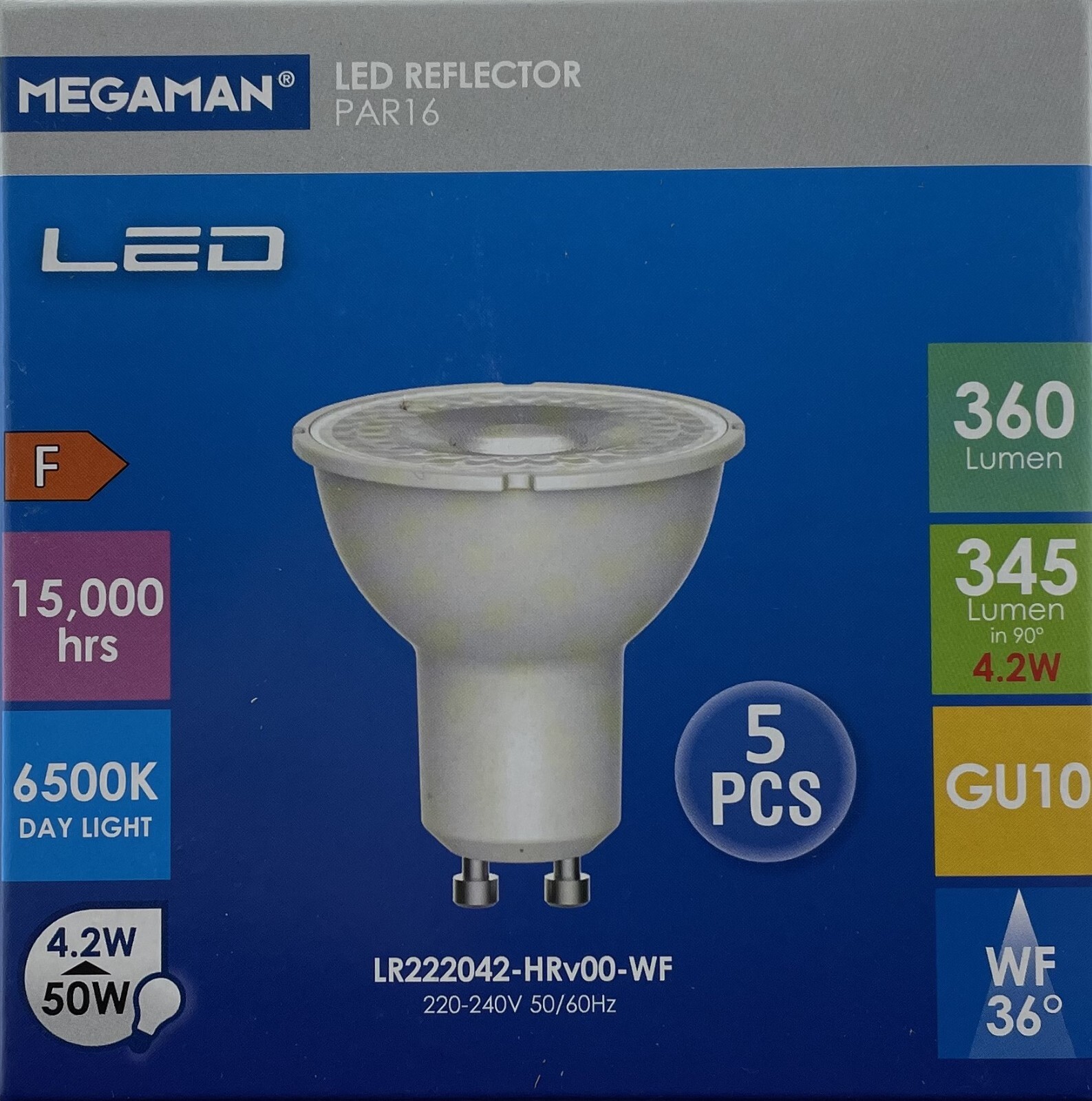 Pack of 5  Megaman 4.2W GU10 LED spot bulb 55mm x 50mm 6500k Daylight 36º