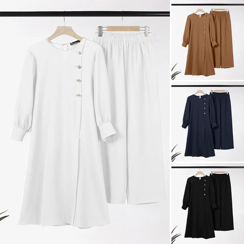 UK Women Front Buttons High Split Long Tops Dress Wide Leg Pants Trousers Suit - Picture 7 of 28