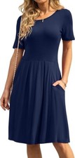 DouBCQ Women's Casual Soft Flowy Pleated Dresses with Pockets, Dark Blue, Size S