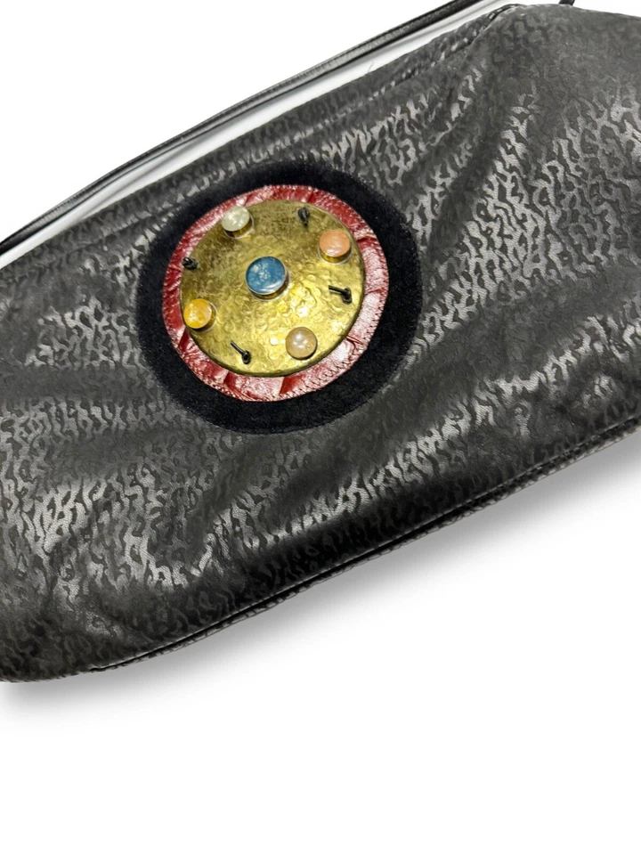 Vintage Textured Leather OOAK Black Shoulder Bag Brass And Glass  Embellishment - Image 2 of 4