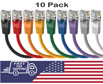 10 Pack 2 FOOT Cat6 Gigabit Ethernet Patch Cord 9 Colors 24AWG Pure Copper Cable
