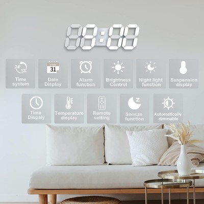 Deeyaple LED Digital Wecker 3D 38cm Wanduhr ohne Geräusche Schlummerfunktion dimmbar