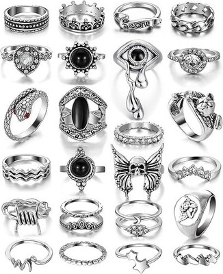 17IF 26-35 Pcs Vintage Silver Knuckle Rings Set for Women Men, Grunge Gothic Rin