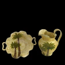 Tabletops Unlimited Bellagio Hand Painted Pitcher W/ Bowl Palm Trees Design Jug 