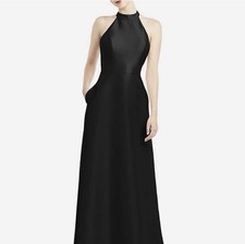 ALFRED SUNG High-Neck CutoutSatin Dress with Pockets in Black