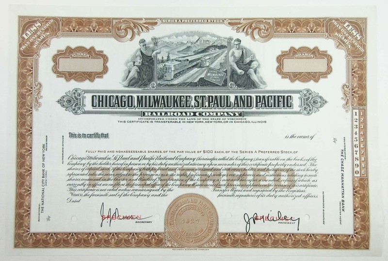 Chicago, Milwaukee, St. Paul & Pacific RR Co., ND(1920s). Specimen Stock Cert.