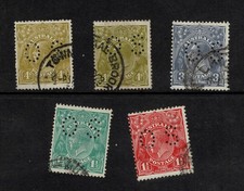 Australia 1½d 3d 4d KGV Punctured OS Used x 5 shades wmks