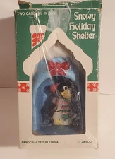 VINTAGE JASCO SNOWY HOLIDAY SHELTER CHRISTMAS CANDLE SET PENGUIN & HOUSE