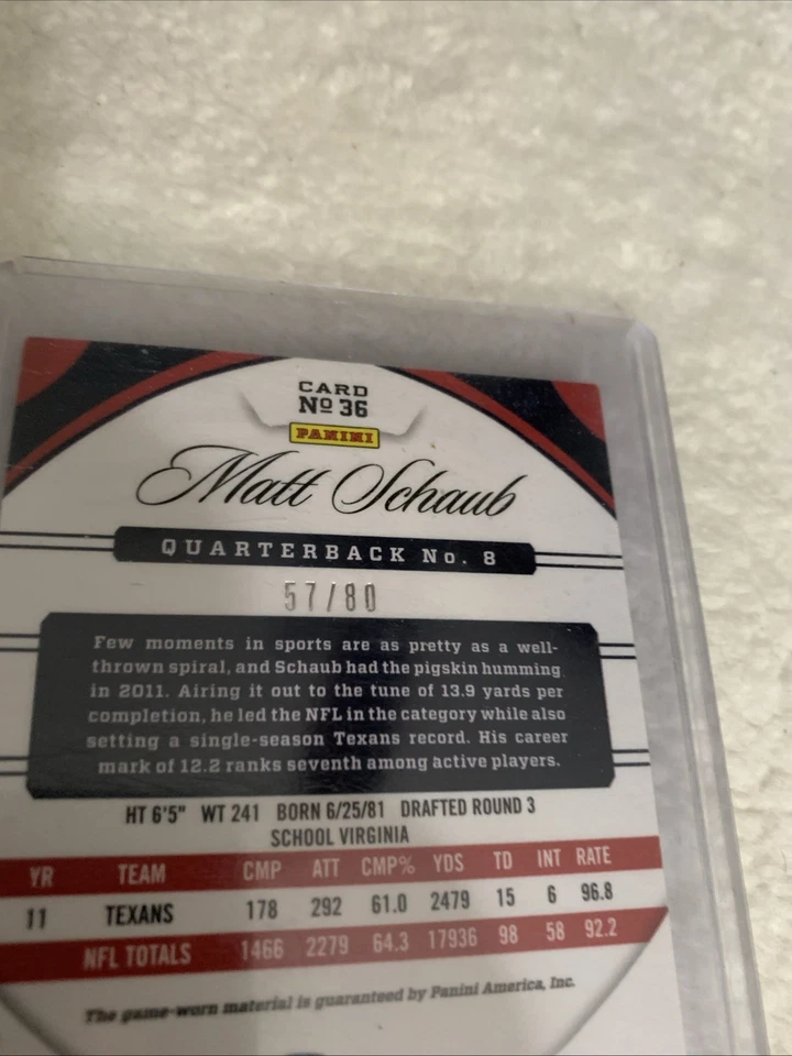 2017 Panini Certified Matt Schaub  #36 Mirror Red Jersey Relic #57/80 Texans - Image 3 of 3