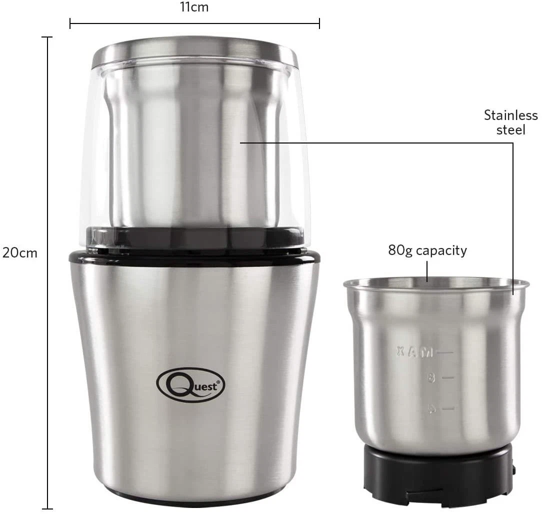 Quest Stainless Steel Electric Coffee Spice Nut Grinder 200W 80g Compact 34170