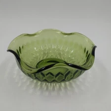 Avocado Green Indiana Glass Salad Bowl with Ruffle Edge Diamond Pattern Vintage