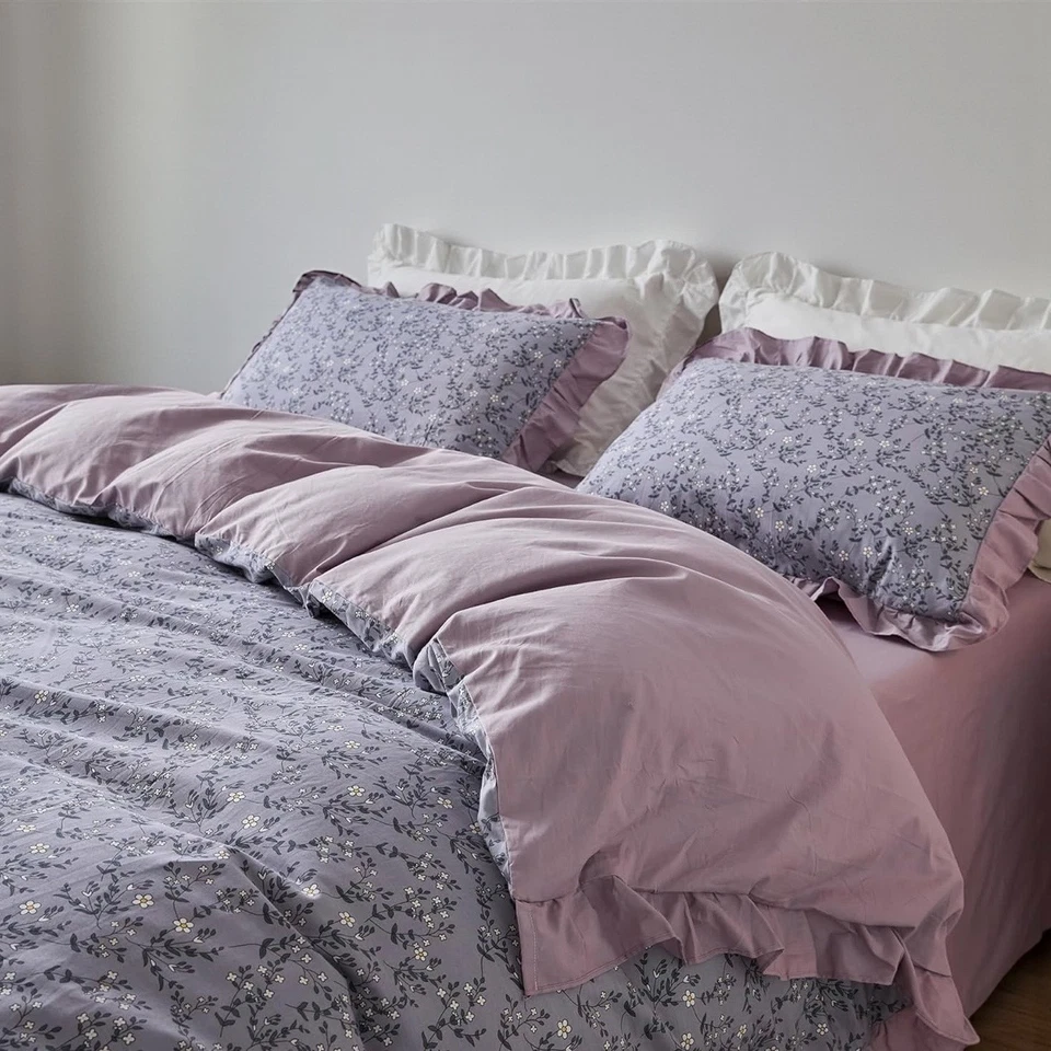 NEW Anthro Lavender Floral Ruffle Queen / King Cotton Bedding Duvet & Sham Set - Image 3 of 4