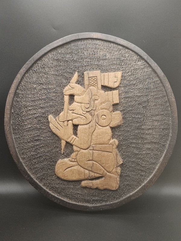 Vintage Aztec Inspired Hand Carved Mahogany Wall Plaque, The God Tonatiuh