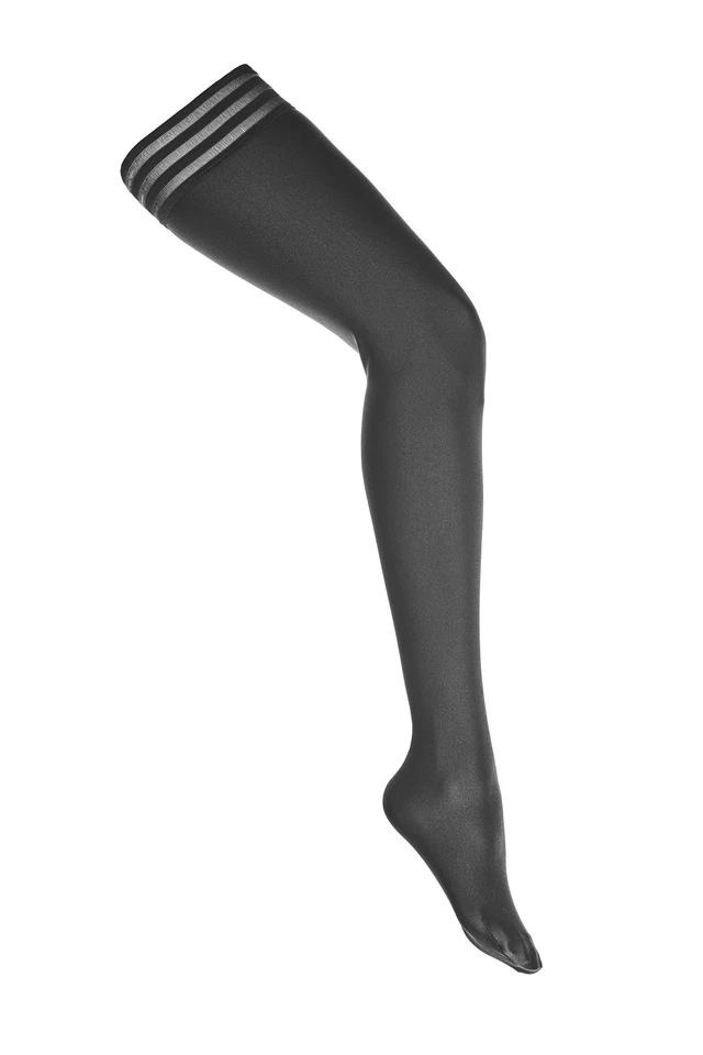 Halterlose Strümpfe schwarz in Wetlook blickdicht glänzend gestreift S M L XL - Bild 4 von 4