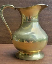 Vintage 7.5" Solid Brass Pitcher with Handle India Heavy Sturdy Water Jug Vase