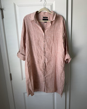 Tahari 100% Linen Button-Up Shirt Dress Roll Tab Sleeve Coral Sz L Boho, Costal