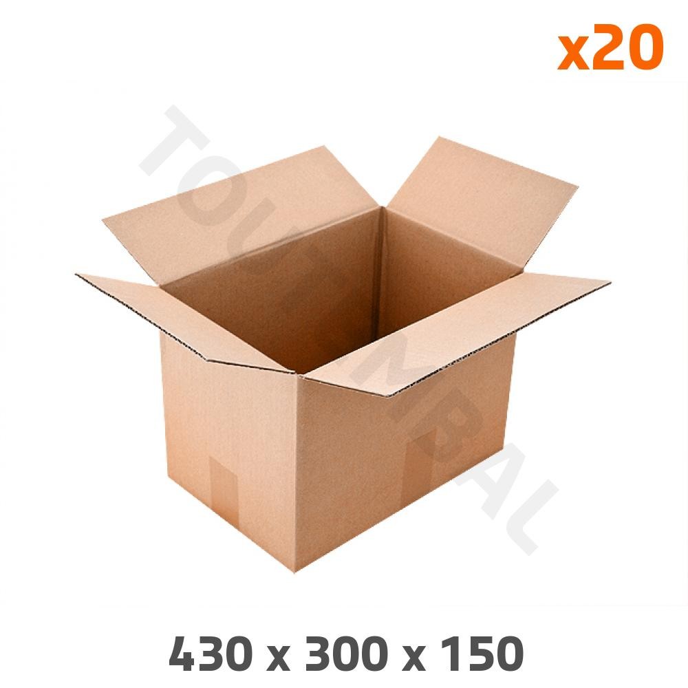 Caisse carton simple cannelure 43x30x15 mm pour envoi et stockage lot de 20