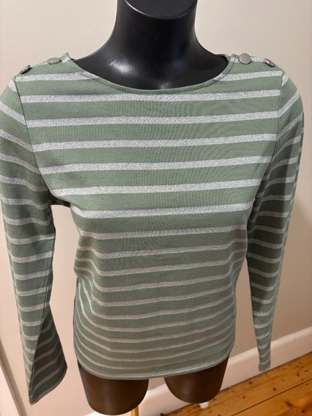 Marcs T-Shirt Womens M AU 10 Green Metallic Stripe Boat Neck Long Sleeve