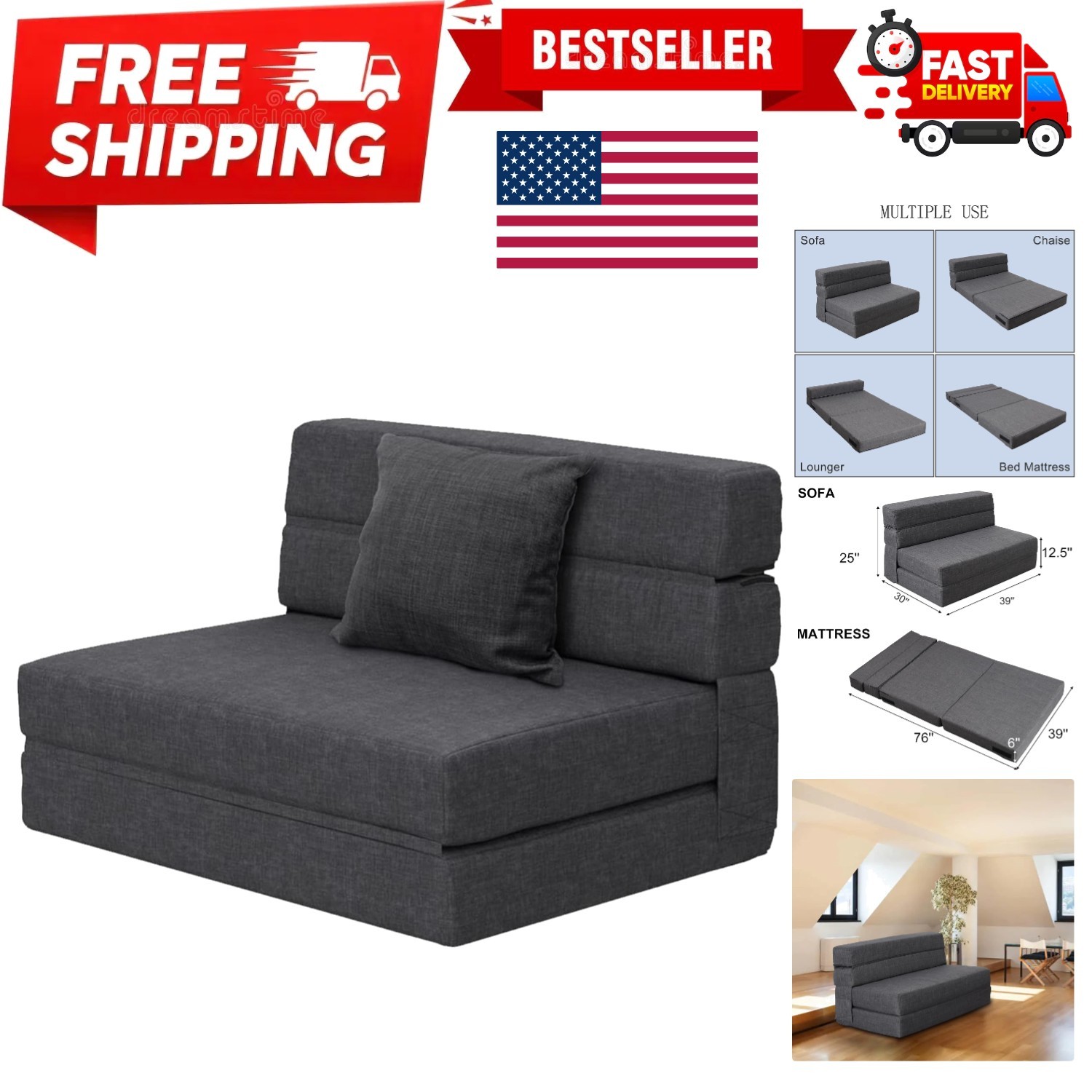 Compact Dark Grey Sofa Bed with Pillow - Perfect for Guest & Living Areas