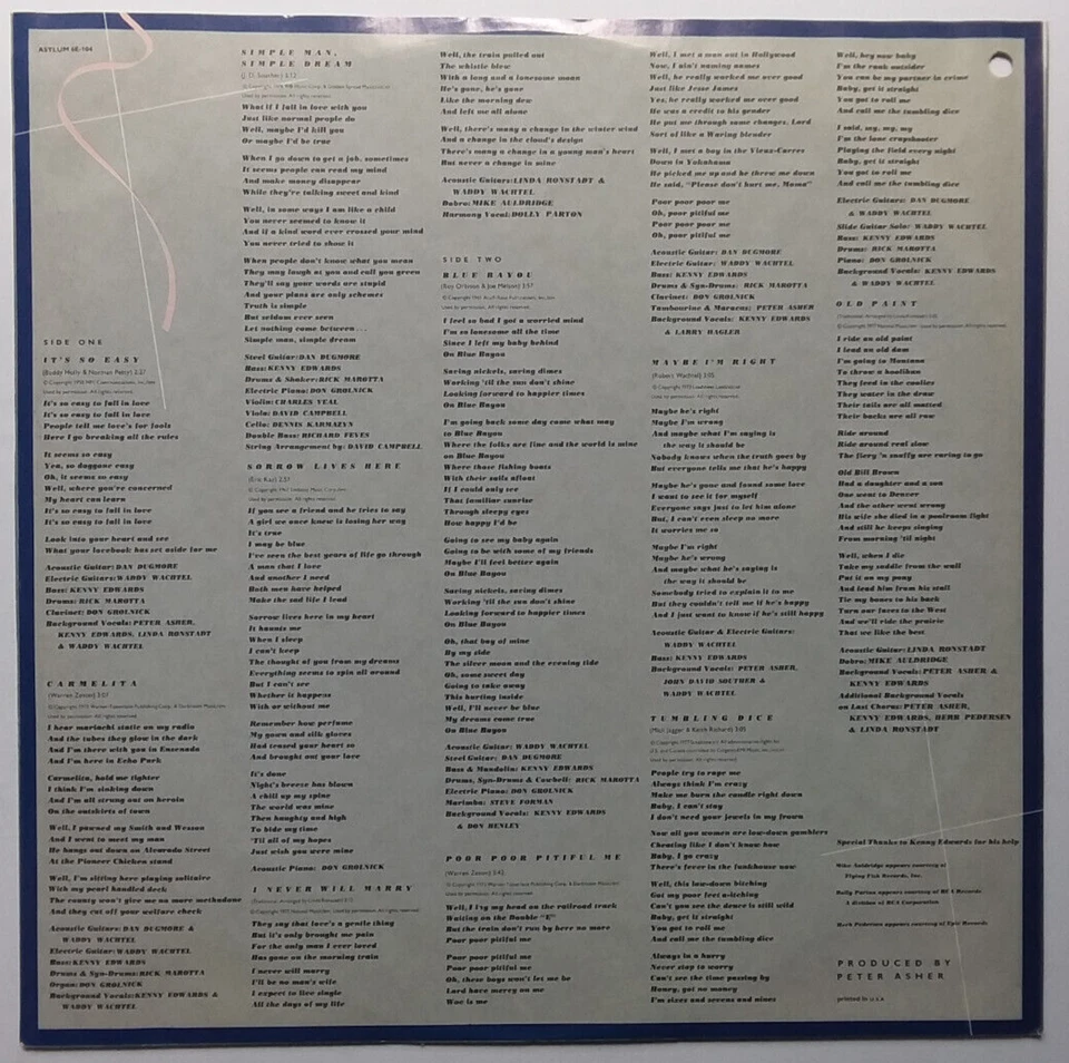 LINDA RONSTADT - Simple Dreams - Vinyl LP 1977 Elektra 6E-104  Gatefold Lyrics - Image 4 of 4
