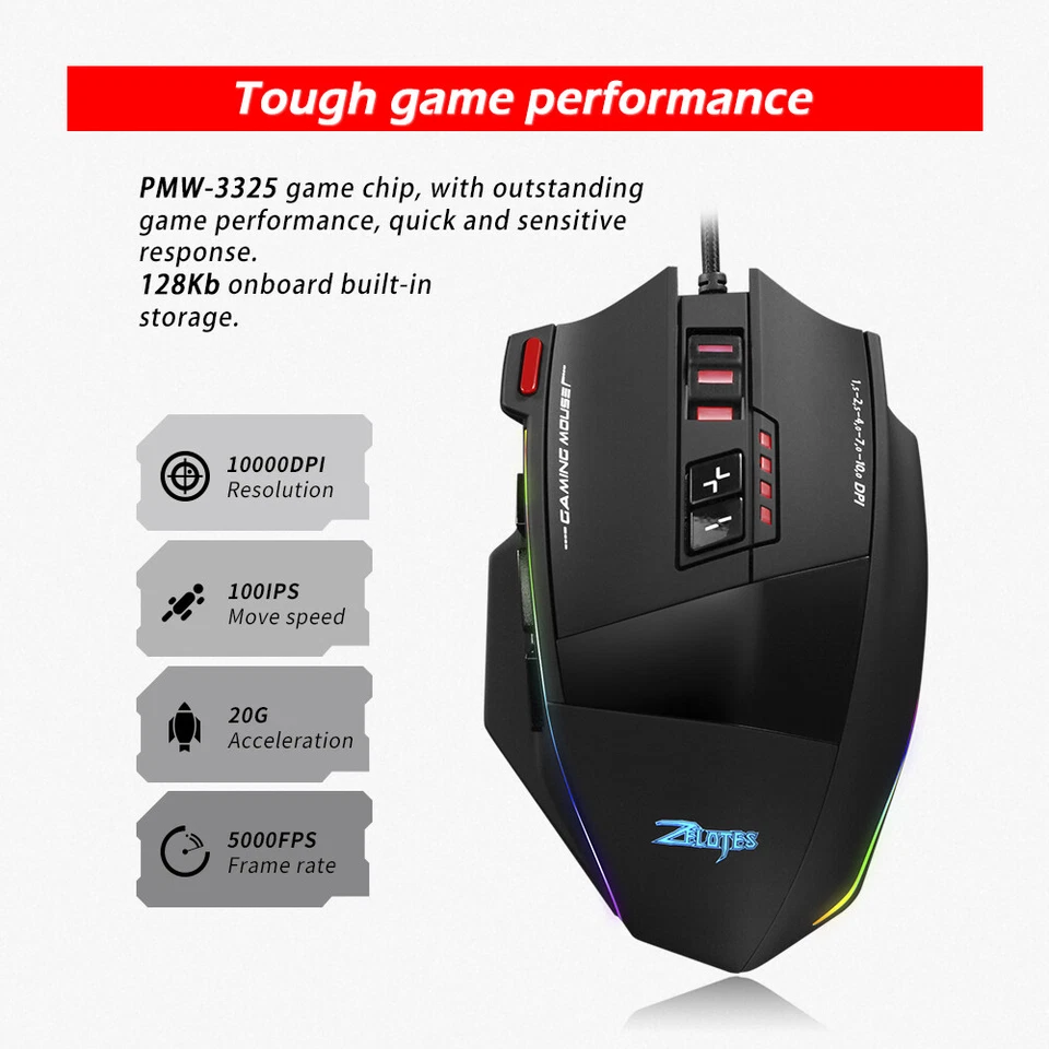 Zelotes C-13 Wired Gaming Mouse RGB Light Belt - Adjustable 10000DPI M9M2 - Image 4 of 4