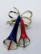 Christmas Bell Brooch Pin Enamel Blue Green signed Gerry's Silver tone Art Deco