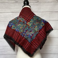Vintage Black/Red Plaid with Floral Paisley Acrylic Square Scarf Fringe 29"