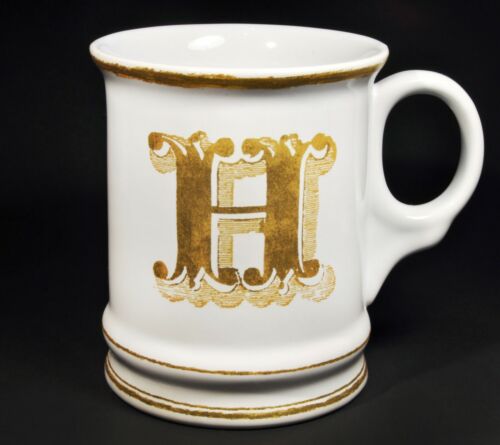 Williams Sonoma Initial Letter "H" Monogram Coffee Mug Cup Ornamental Gold White - Picture 1 of 4