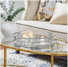 Modern Round Silver Geometric Mirrored Tray (15" Diameter)
