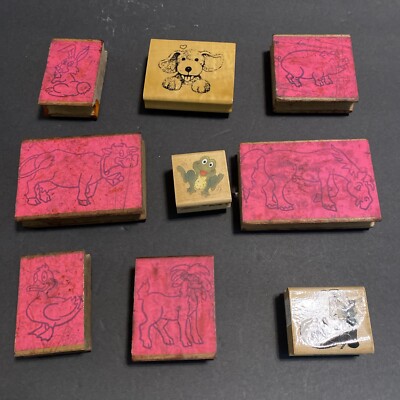 Wood Rubber Stamp Lot Of 9 Animal Puppy Dog Frog Cow Panda Horse Art Craft S32