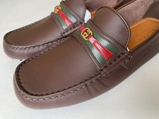 GUCCI Mens Aryton Web Stripe Brown Leather Driving Loafers UK 8.5 (US 9) $650