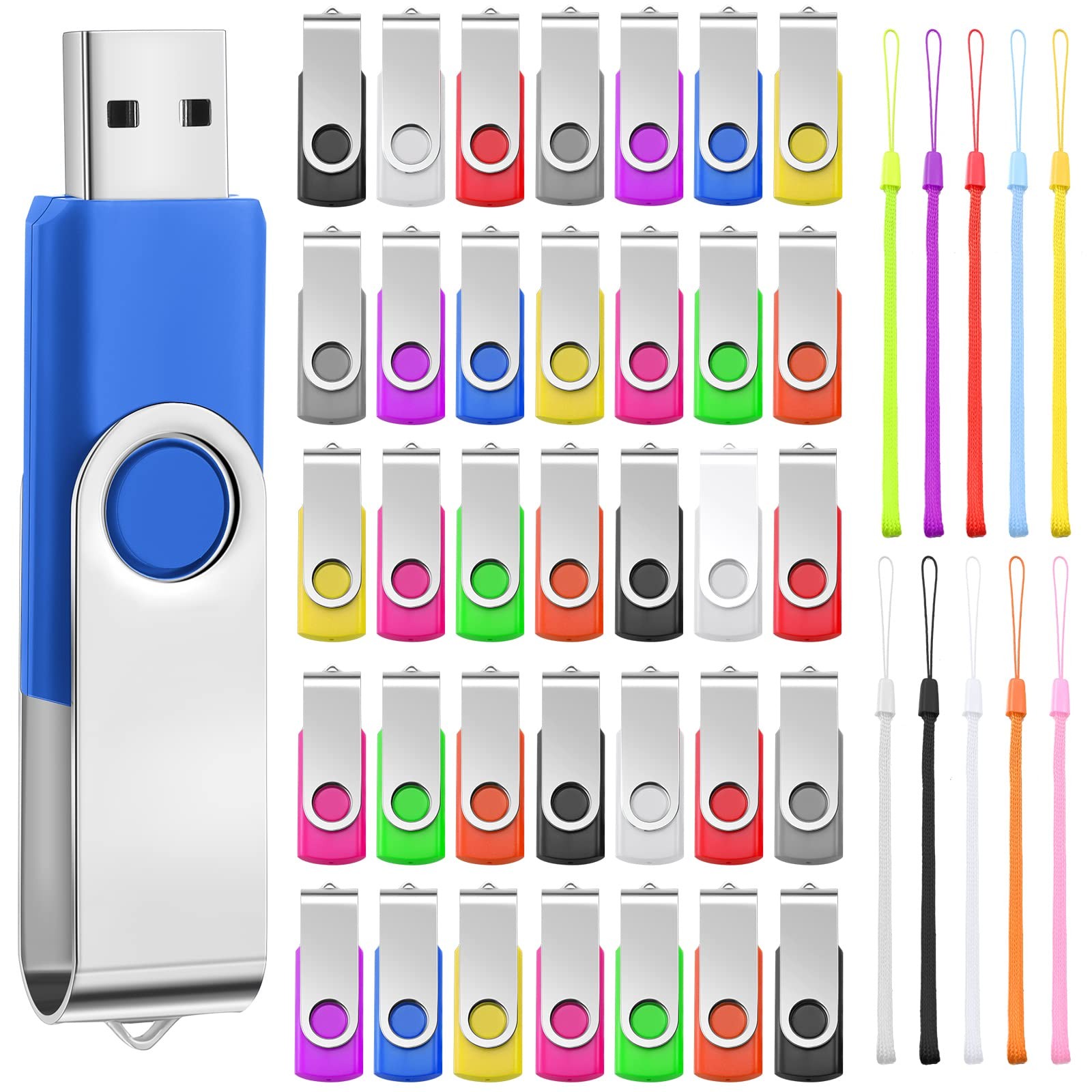 50 Pack USB 2.0 Flash Drives Bulk with Lanyards Swivel Thumb Drives Storage