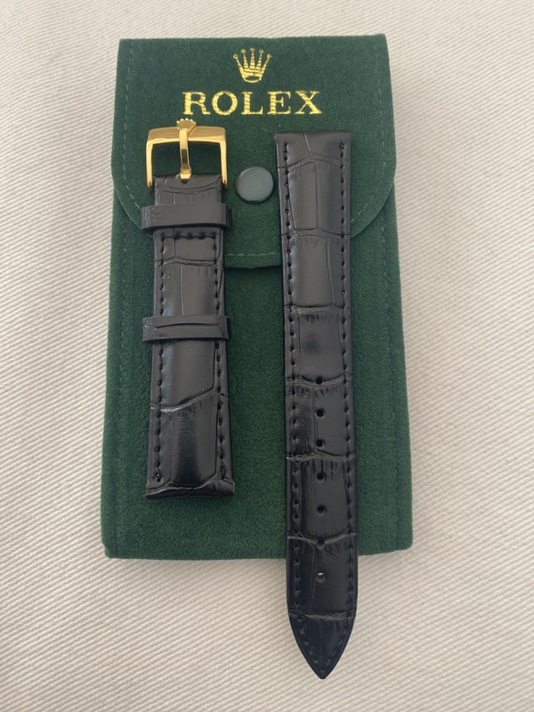 ROLEX Black Leather Band 18mm  With  Rolex Gold Plated Buckle NOS Pre-Owned