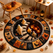 Halloween 3D Vortex Round Rug Ghost Well Pit Non-Slip Spooky Floor Mat Decor
