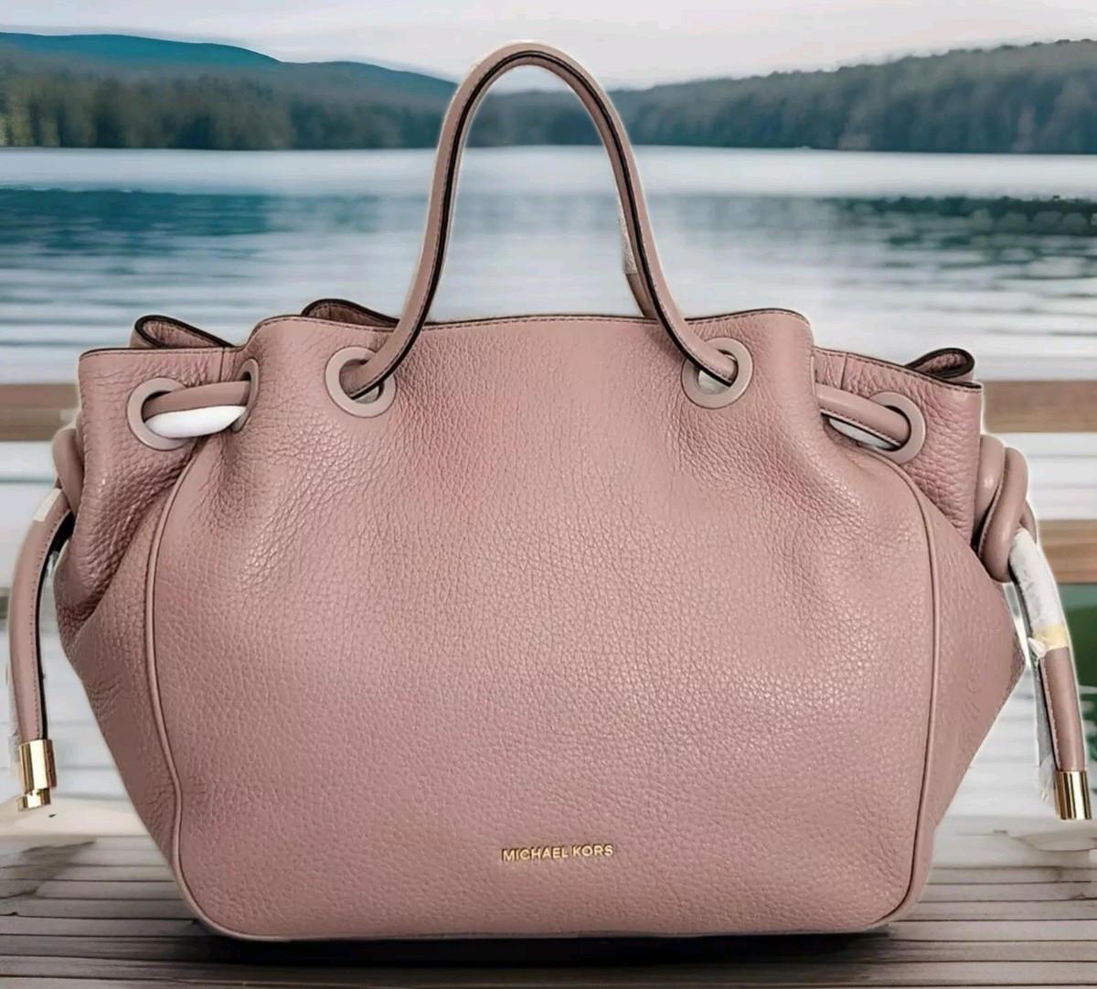 ?MICHAEL KORS DALIA DRAWSTRING FAWN PINK BEIGE TAN LEATHER  display picture 2