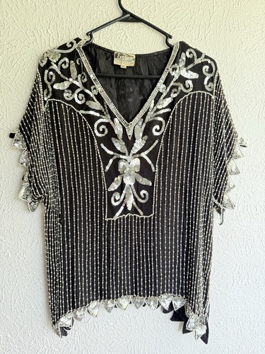 Vintage 1980s Silk Sequined Beaded Top Exotica XL