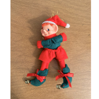 Vintage Christmas Elf Red & Green Felt Hanging Ornament with Jingle Bells