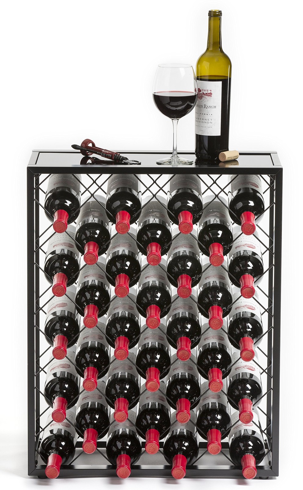 32 Bottle Wine Rack with Black Glass Top Shelf Free Standing for Home Kitchen