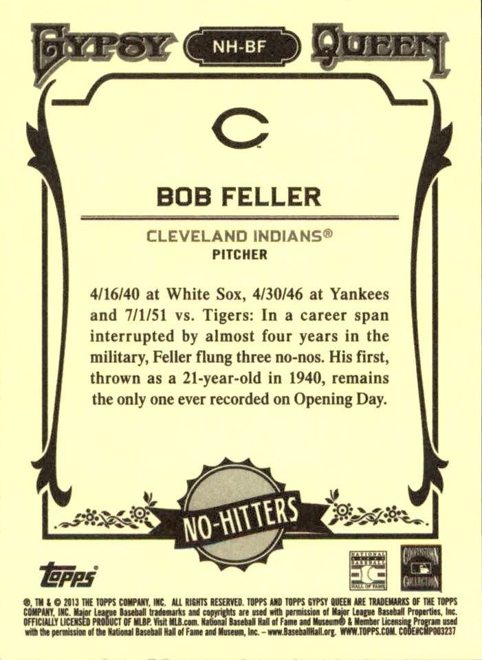 BOB FELLER 2013 Topps Gypsy Queen No-Hitters #NH-BF Indians Baseball Card - Image 2 of 3