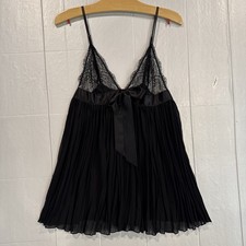 Victoria Secret Black Lace Chiffon Pleated Baby Doll Negligee Adj Straps M EUC