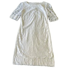 Vintage 60s Handmade White Floral Lace Shift Dress Boat Neck Elbow Sleeve Sz S