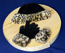 Girls WINTER Hat Gloves Set Black Faux Leopard Fur Stretch Fun Funky One Size